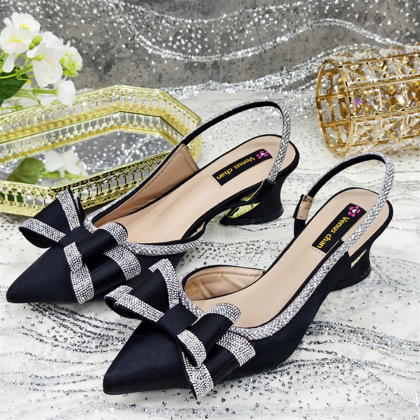Venus Chan Italy Design 2025 New INS Shoes and Bag to Match Wine Colour Pointed-Toe Rhinestone Bow Party Women's High Heels