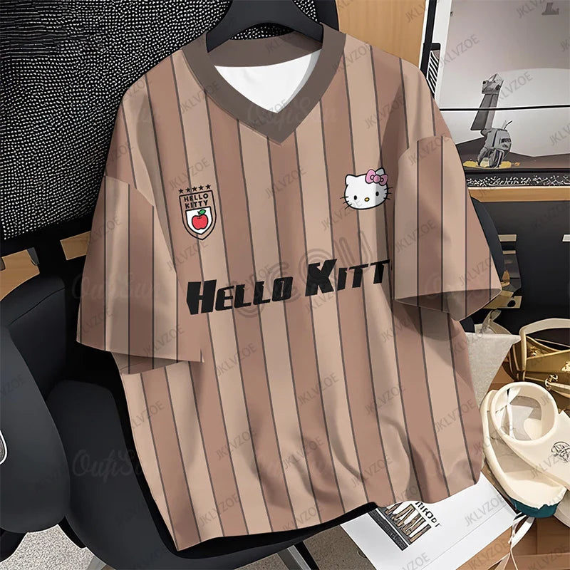 2025 Summer New Pink HelloKitty Stripe Print Women T-Shirt V-Neck Short Sleeve Sports Football Jersey Y2K Loose Oversized Tops