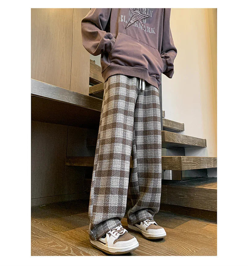 New Y2K Vintage Plaid Baggy Pants Men's High Street Woolen Straight-leg Trousers Autumn Korean Fashion Hip Hop pantalones hombre