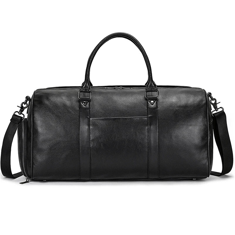 Sac de voyage en cuir véritable de grande capacité pour hommes et femmes, en cuir de vache noir souple, polochon de voyage décontracté, grand sac à bandoulière pour week-end