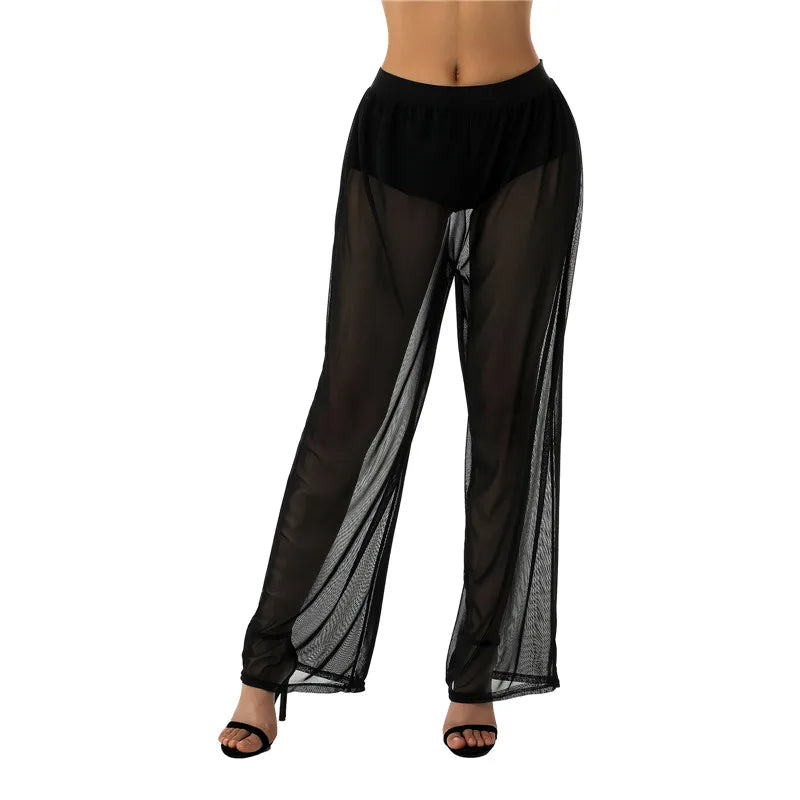 Women See Throug Mesh Cover up Pants Swimsuit Bikini Bottom Cover up Elastic Waist Loose Wide Leg Long Palazzo Pants Trousers