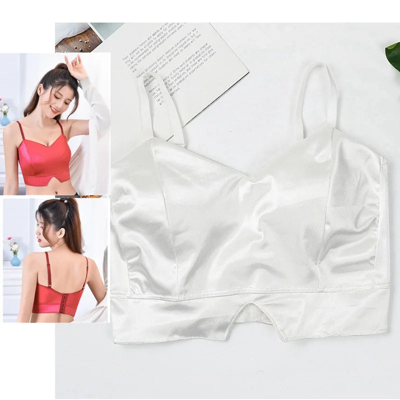 Haut court en satin sexy pour femme, bralette sans fil, bretelles spaghetti, t-shirt court avec poitrine, caraco rembourré
