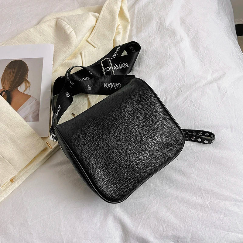 High Quality 100%Natural Cowskin Female Shoulder Crossbody Tote Genuine Leather Saddle Bags For Women Casual Wide Strap Handbags
