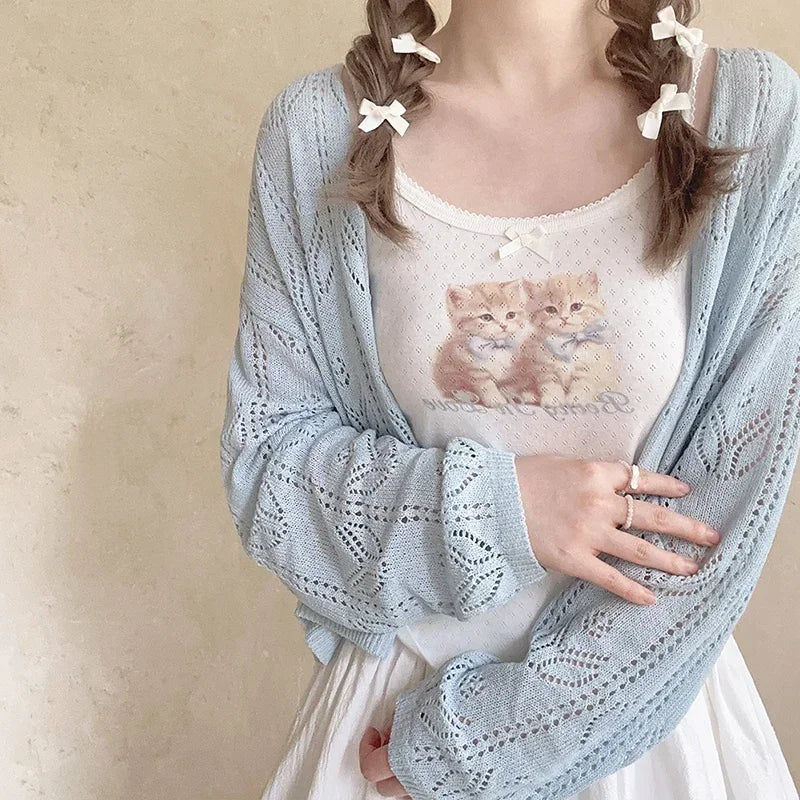 Cute Tops Women Summer Cotton Camis Pink Bow Print Knitted Crop Top for Sweet Girl Lolita Style Kawaii Clothes
