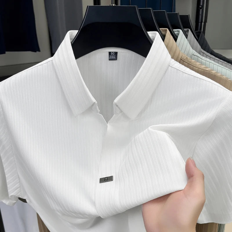 High quality personality texture stripe short sleeve polo shirt summer ice silk breathable buttonless men's solid color T-shirt