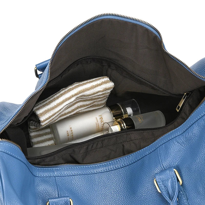 Sac de voyage en cuir véritable de grande capacité pour hommes et femmes, en cuir de vache noir souple, polochon de voyage décontracté, grand sac à bandoulière pour week-end
