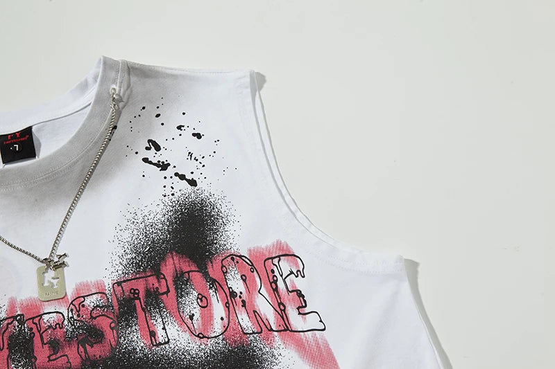 2025 Summer Washed Tank Tops V Cut Baggy Hip Hop Splash-ink Ripped Tshirts Sleeveless Tops Necklace Mens Oversize Vests Y2k