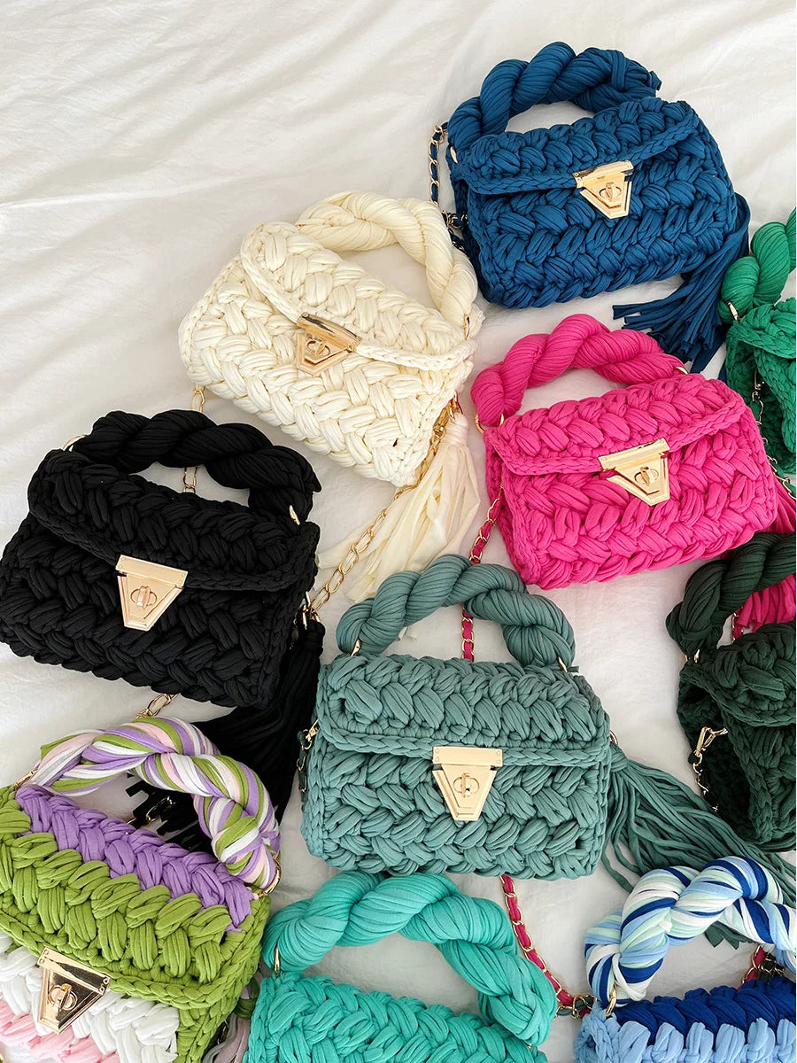 New Handmade Woven Women's Crossbody Bags Thread Hook Knitted Shoulder Bag Colorful Strip Chains Bags for Women Small Purses