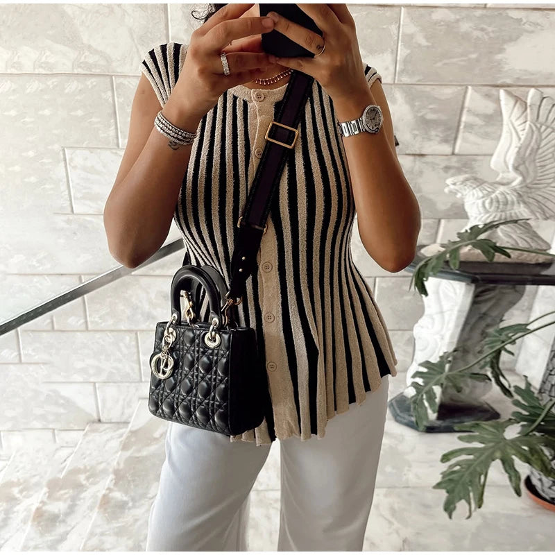 Chic Striped Knitted Button Set Women Elegant Round Neck Short Sleeved Slim Fit Two-piece Suit 2025 New Summer Holiday Outfits