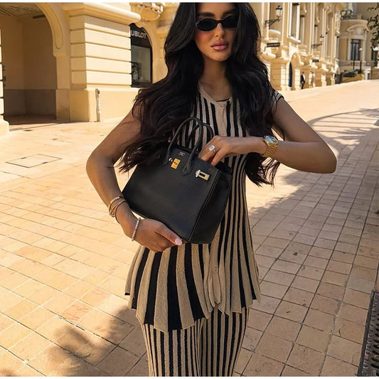 Chic Striped Knitted Button Set Women Elegant Round Neck Short Sleeved Slim Fit Two-piece Suit 2025 New Summer Holiday Outfits