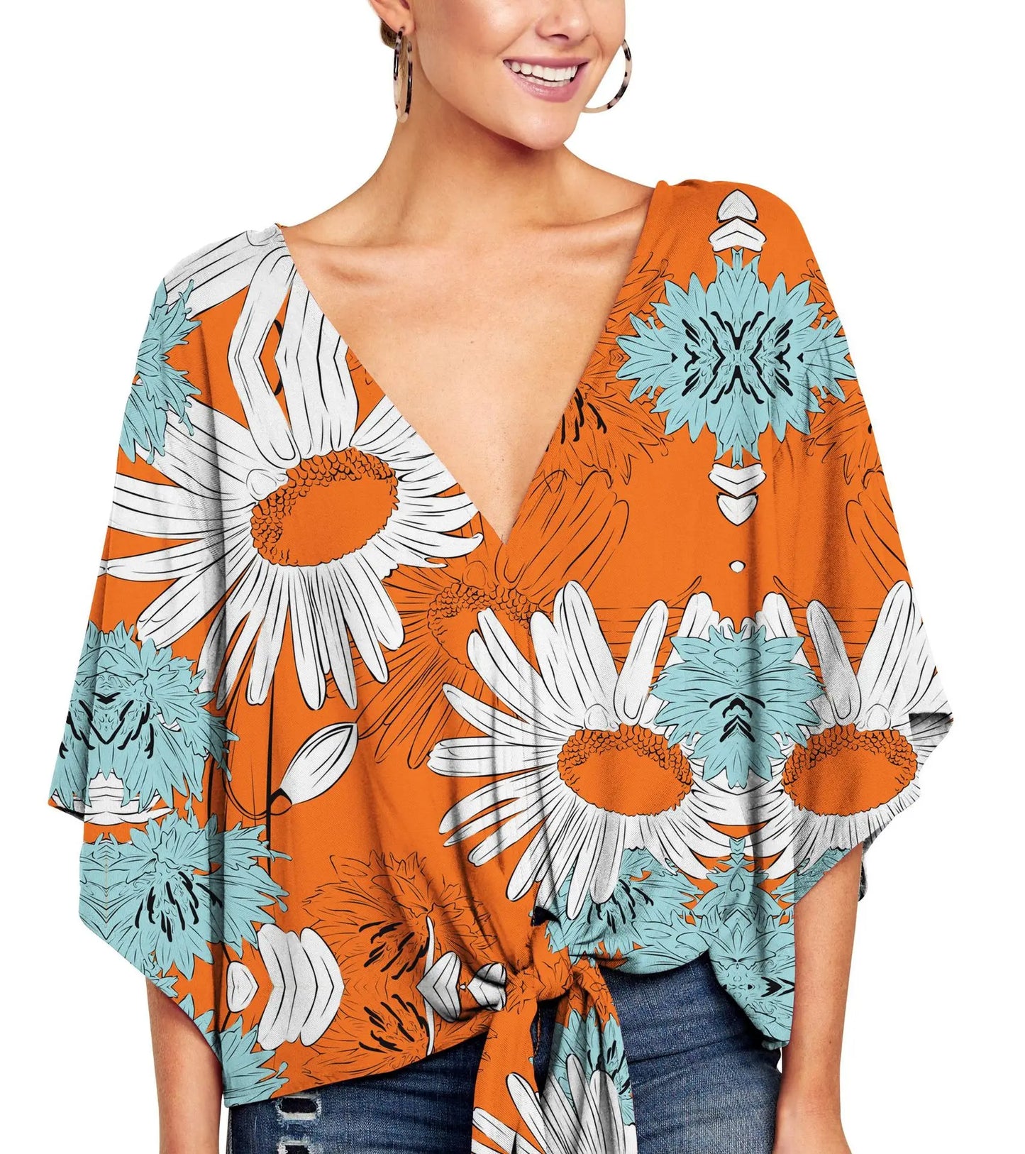 Spring Summer 2024 New Women's Shirt Sexy V-neck Short Sleeved Fashionable Printed Knot Printed  Sleeve Top