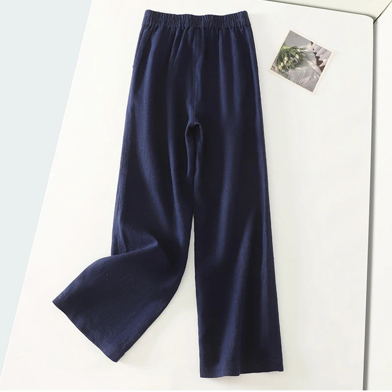 Cotton suit pants female summer new Korean fashion simple literary temperament elastic high waist leisure straight nine pants