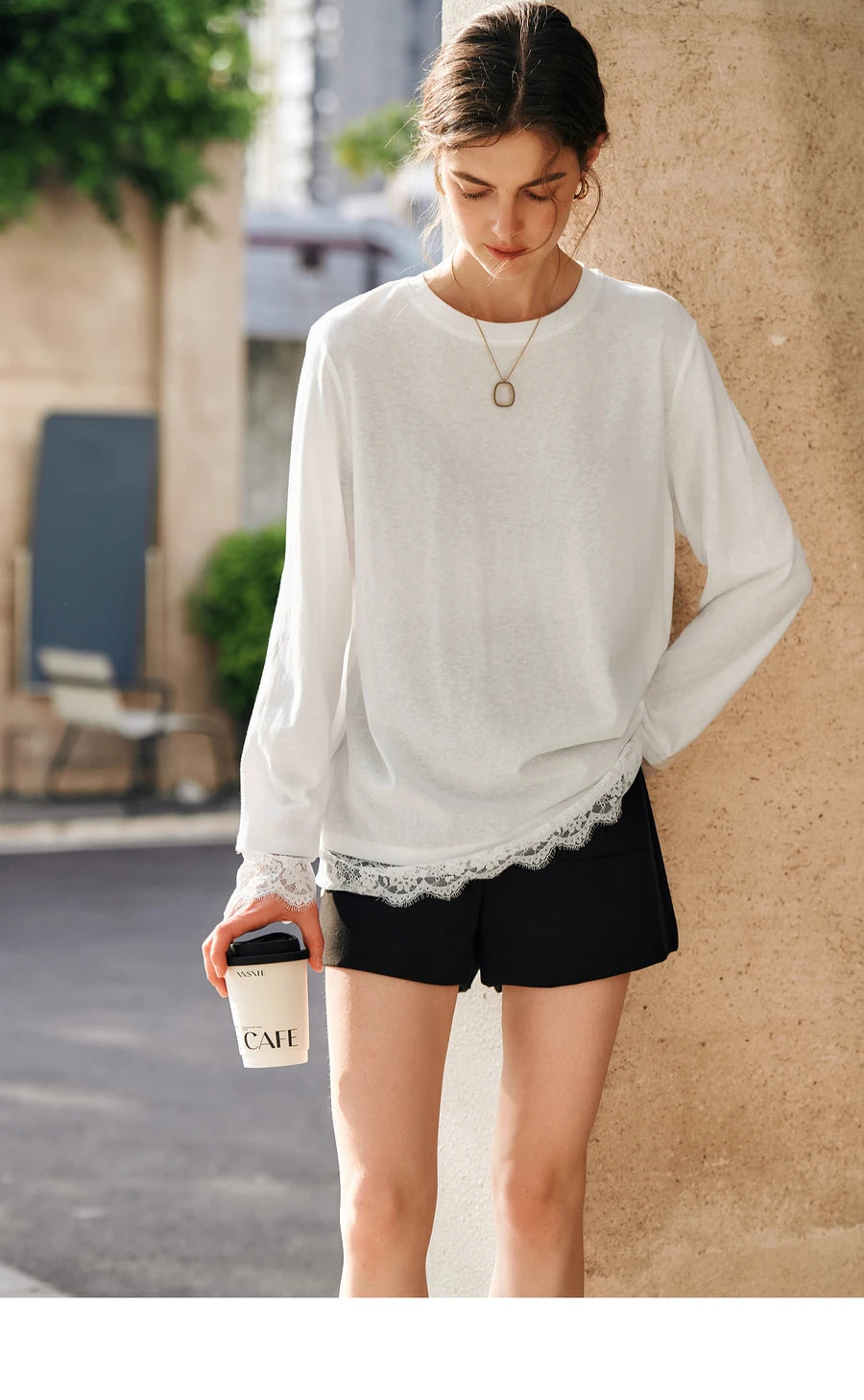 OLrain Cotton White T-shirt Women 2025 Autumn Casual Loose Tee Shirt Crewneck Lace Long Sleeve Tops Woman Clothing N57CT95669
