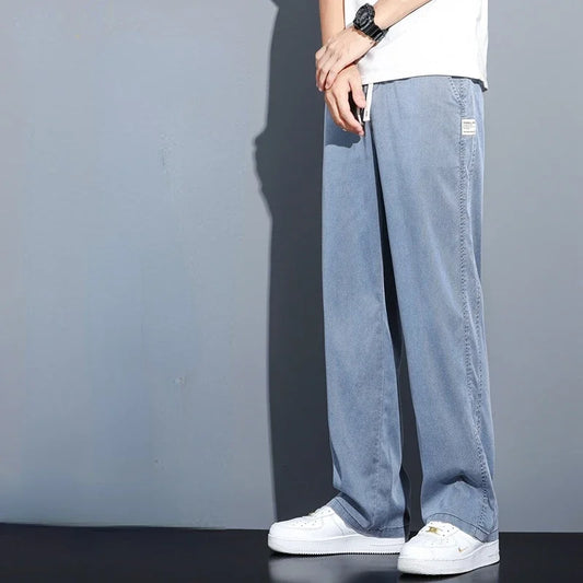 Summer Soft Lyocell Fabric Men's Jeans Thin Loose Straight Pants Drawstring Elastic Waist Korea Casual Trousers Plus Size