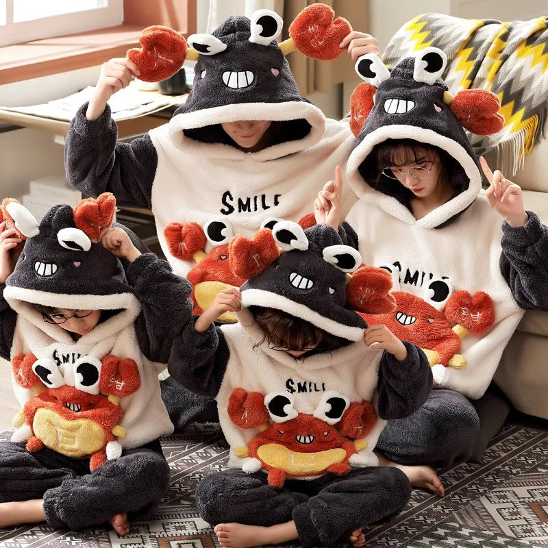Winter Thicken Family Parent-Child Outfits Pijamas Sets Women Men Anime Sleepwear Adult  Pyjamas Korean Hoodie Suits