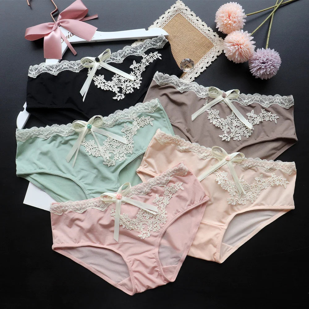 SP&CITY Flower Embroidery Ice Silk Bow Sexy Women's Underwear Low Waist Traceless Breathable Summer Thin Panties Seamless Briefs