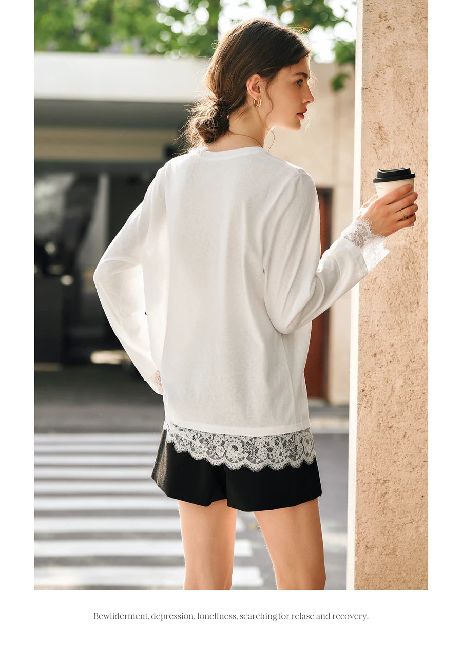 OLrain Cotton White T-shirt Women 2025 Autumn Casual Loose Tee Shirt Crewneck Lace Long Sleeve Tops Woman Clothing N57CT95669