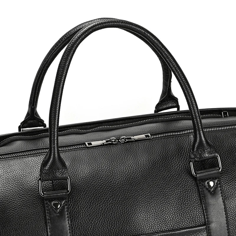 Sac de voyage en cuir véritable de grande capacité pour hommes et femmes, en cuir de vache noir souple, polochon de voyage décontracté, grand sac à bandoulière pour week-end