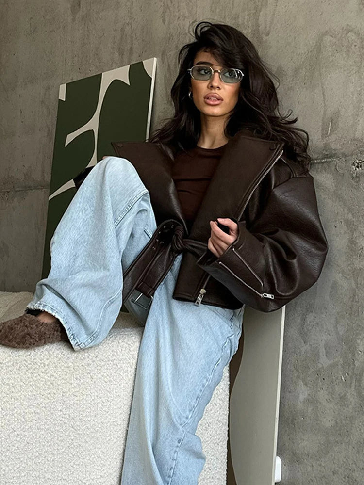 PU Leather Jacket For Women Zipper Turn-down Collar Loose Fashion Coat Luxury Brown 2025 Spring Street Motorcycle Overcoat Top