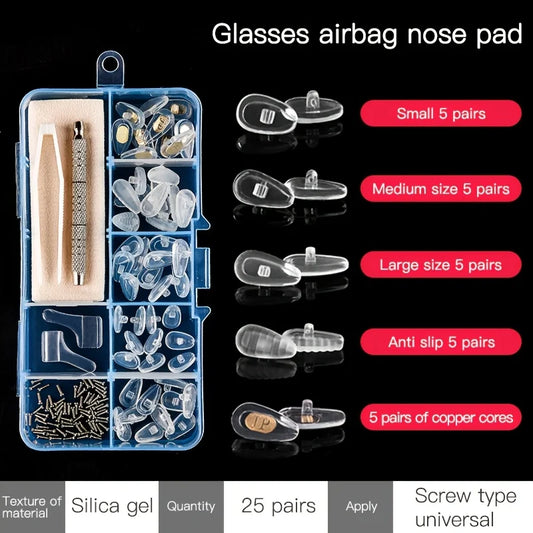 1Set Eyeglass Repair Kit Includes Nose Pads Ear Hooks Cloth Tweezers Screwdriver Screws Disassembly Tool Set for DIY Maintenance