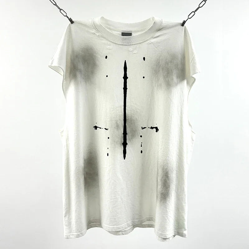 Red Skull Finger Print Damaged Hole Saint Tank Tee Men Women Streetwear Oversized Vest Vintage Washe Black Sleeveless T Shirt