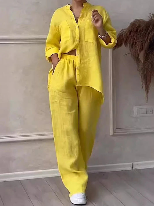 Rafiah Women's Sets Summer Fashion Comfortable 2025 Plain Loose Fit Shirt Collar Long Sleeve Top Maxi Pants Casual Sets