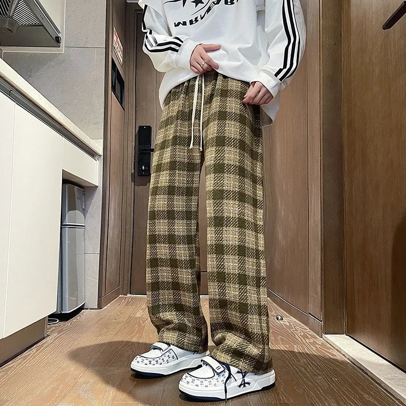 New Y2K Vintage Plaid Baggy Pants Men's High Street Woolen Straight-leg Trousers Autumn Korean Fashion Hip Hop pantalones hombre