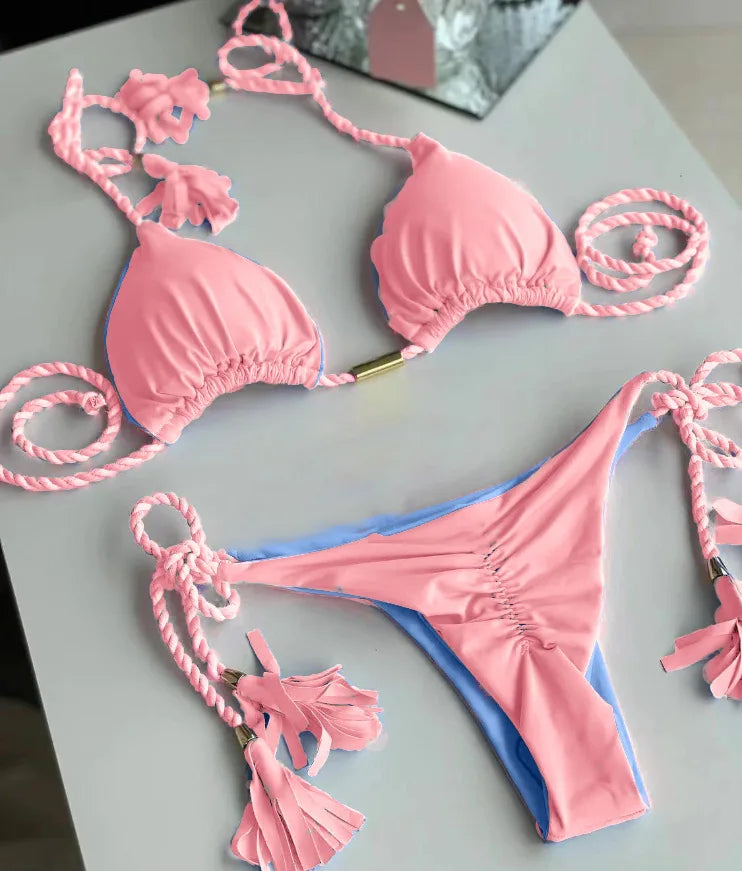 Women Bikini Rope Triangle Swimsuit Multicolor Sexy Low Waisted Bikini Set Swimsuit Swimwear Women BeachwearBrazilian biquini