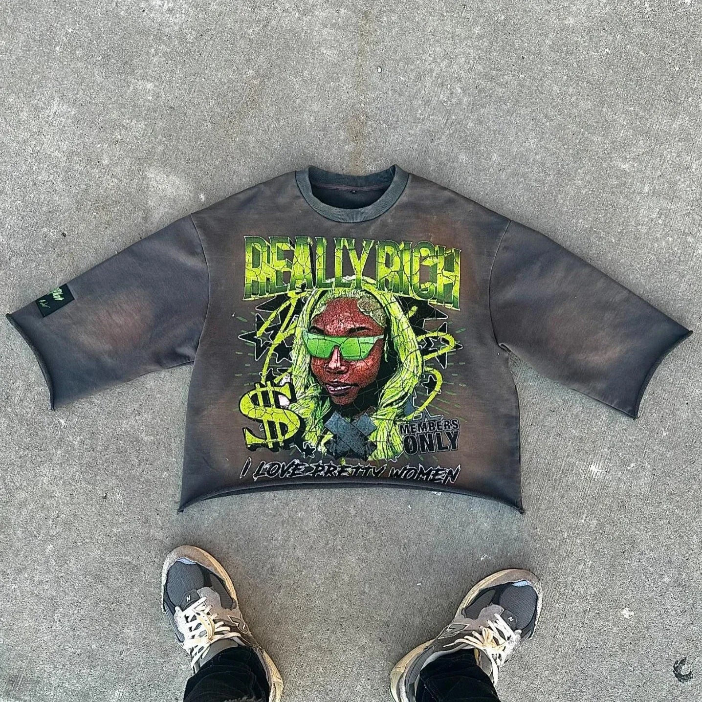 Y2K Harajuku Hip Hop Character Graphic Printed Seven Quarter Sleeves Tops Gothic Retro Dark Green T Shirt Mens Womens Clothing