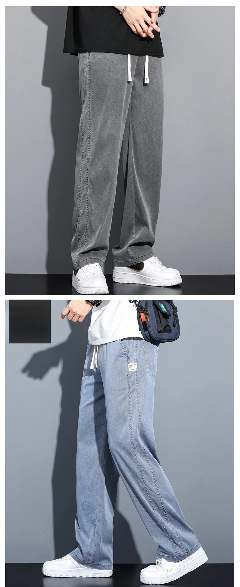 Summer Soft Lyocell Fabric Men's Jeans Thin Loose Straight Pants Drawstring Elastic Waist Korea Casual Trousers Plus Size