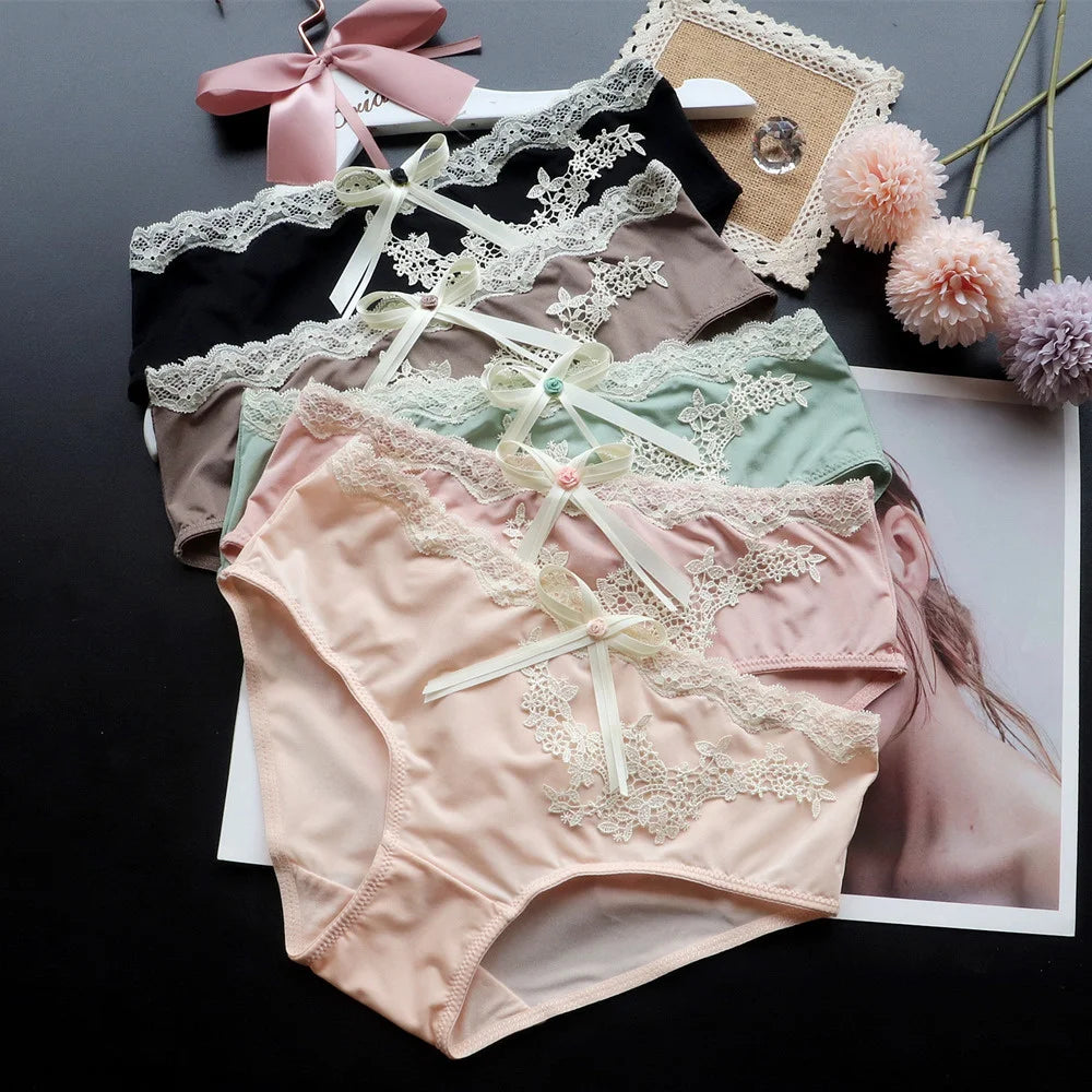 SP&CITY Flower Embroidery Ice Silk Bow Sexy Women's Underwear Low Waist Traceless Breathable Summer Thin Panties Seamless Briefs