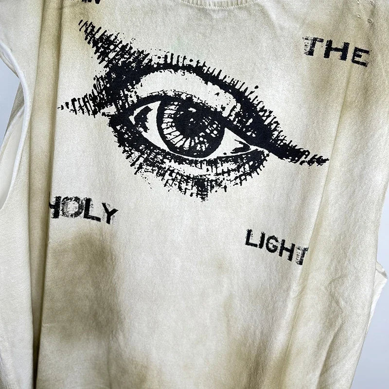 Red Skull Finger Print Damaged Hole Saint Tank Tee Men Women Streetwear Oversized Vest Vintage Washe Black Sleeveless T Shirt