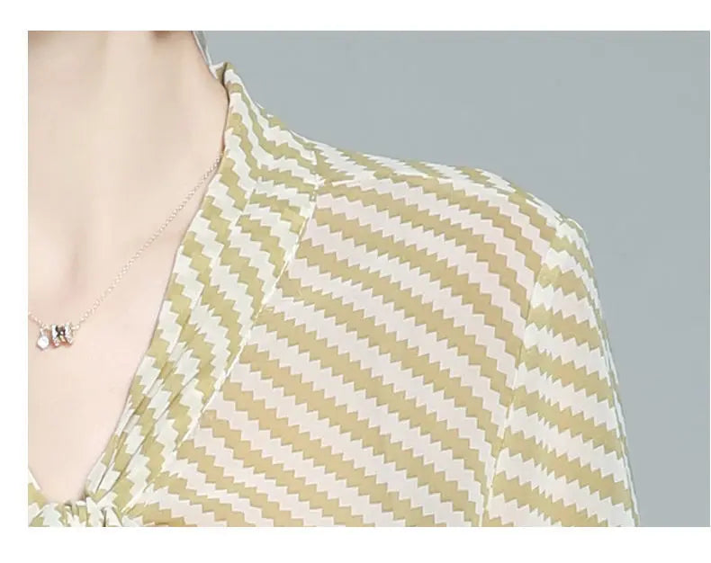 Spring Summer Women Chiffon Shirt Stripe Loose Long Sleeve Bow Office Fashion Urban Cardigan Elegant Women's Blouses 2022 5XL