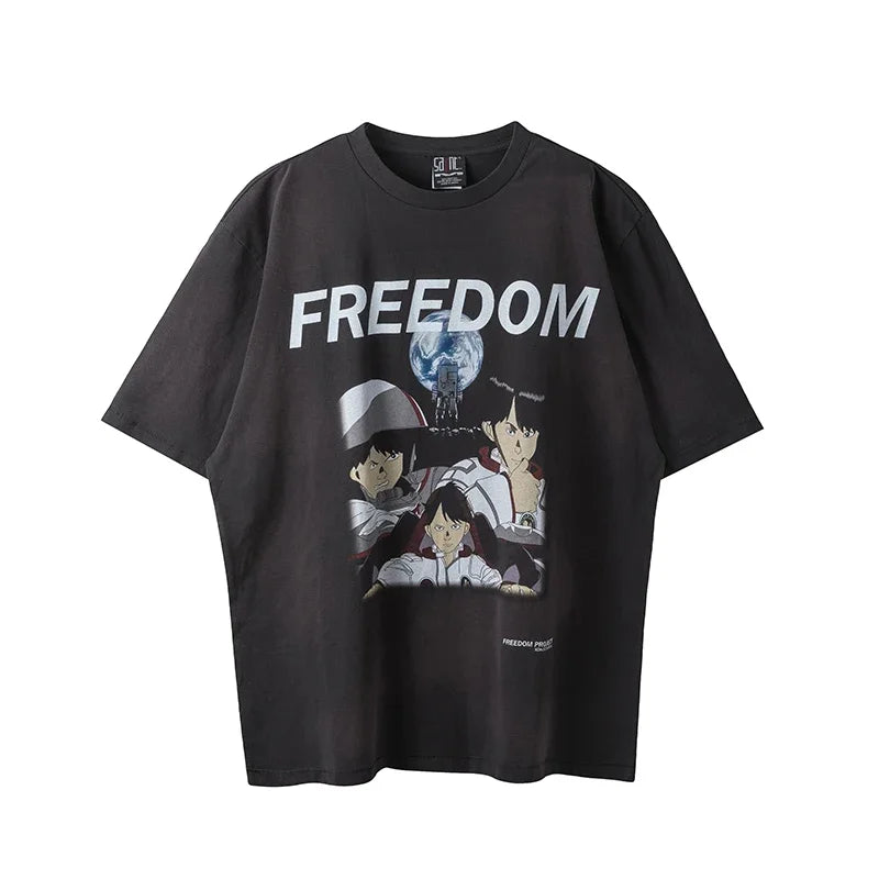 Vintage Series Saint Round Neck Sexy Robot Printed Casual High Quality Oversized T Shirt Harajuku Streetwear Men