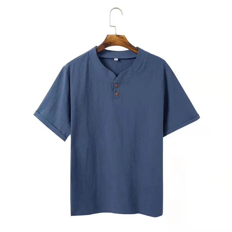 (Shirt + trousers) 2025 summer men shirt Cotton and linen shirts elastic waist Short sleeve casual men's shirts men size M-5XL