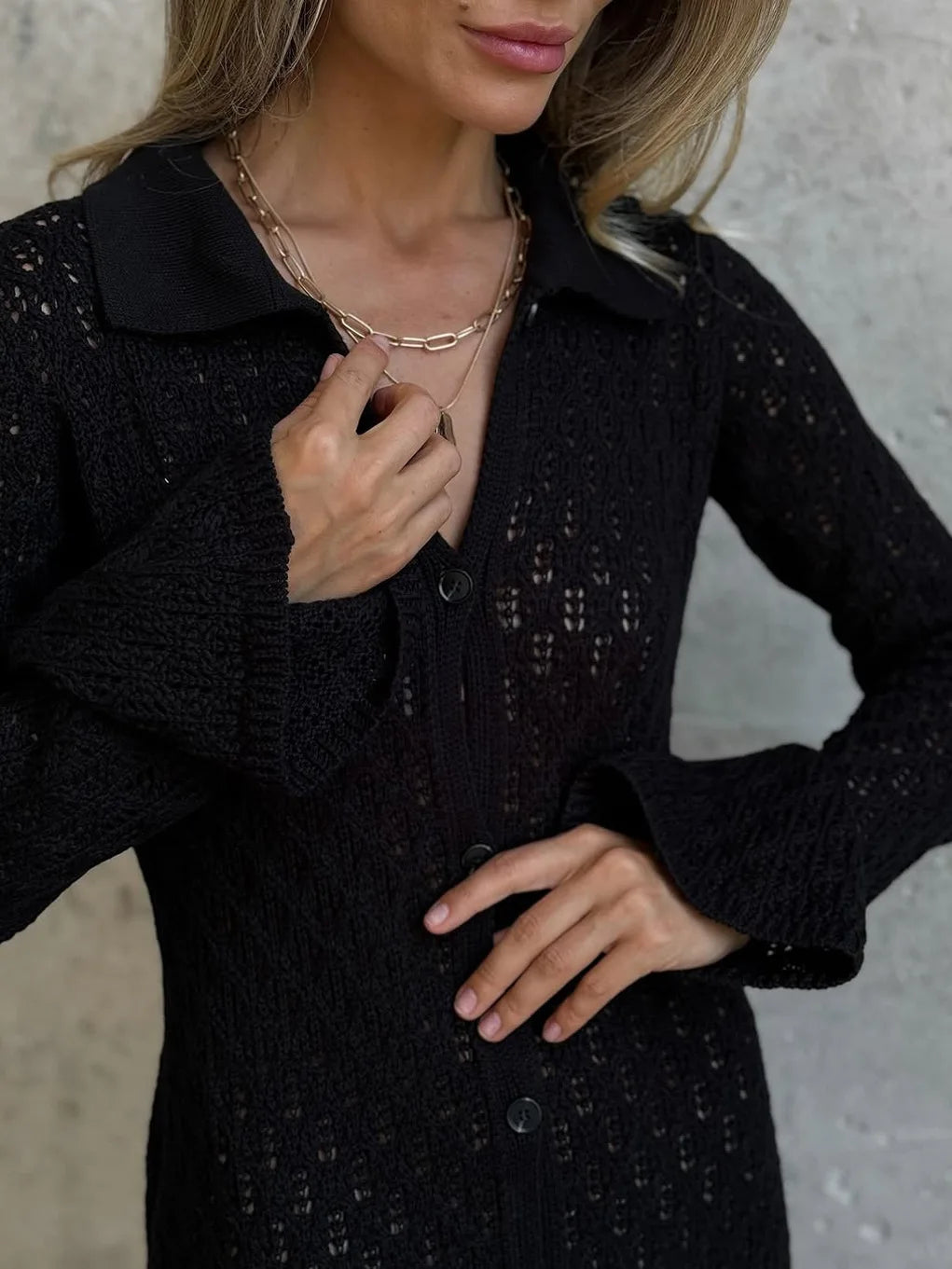 Tossy Elegant Knitwear Hollow Out Long Dress Cardigan For Women V-Neck Patchwork See-Through Loose Beach Dress Knit Female Dress