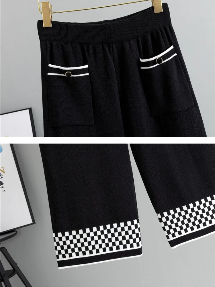 Plaid Design Knitted 2 Piece Sets Women Single Breasted Knit Sweater Cardigan Tops Conjuntos High Waist Wide Leg Pants Outfit