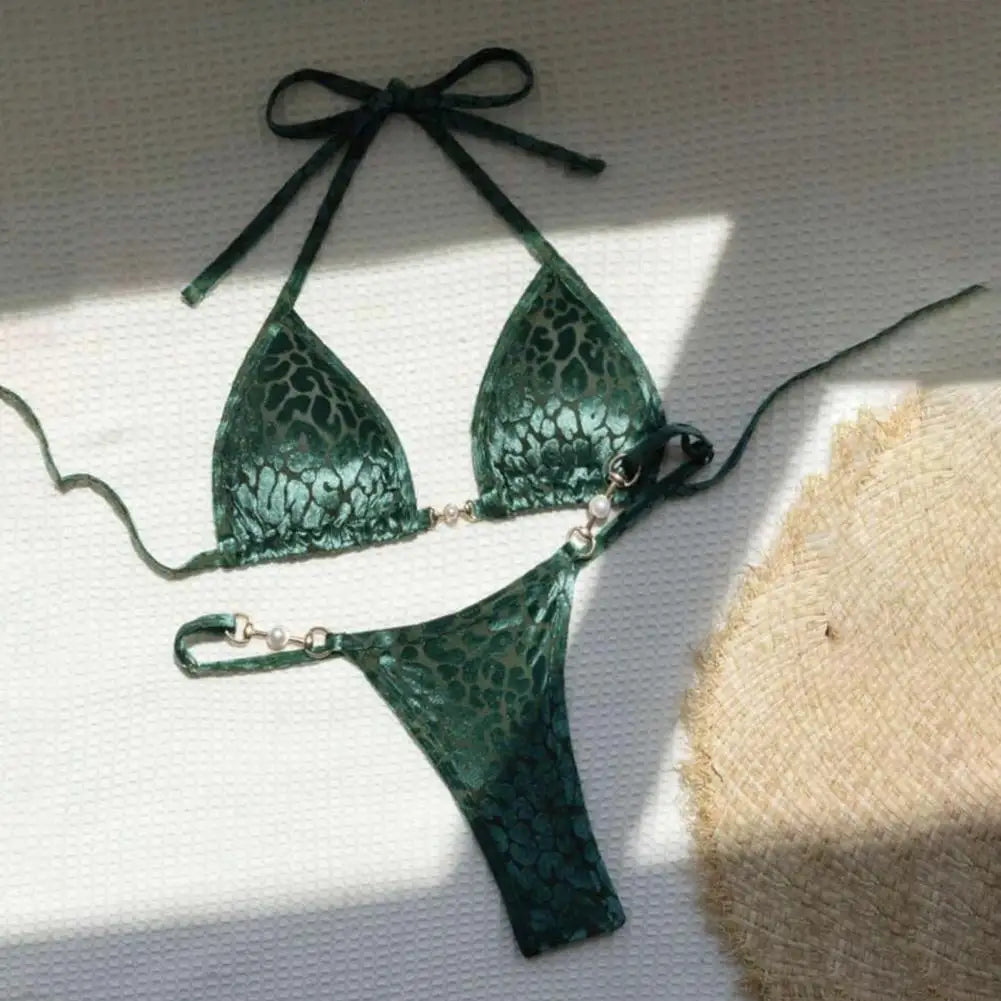 2Pcs/Set Women Bikini Set Leopard Print Halter Bra Faux Pearls Briefs Set Quick Drying Two-piece Lady Swimsuit Beachwear