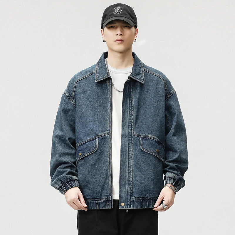 2023 Autumn Men's Denim Jacket Vintage Large Pocket Elastic Cuffs Baggy Coat Oversized Japanese Casual Streetwear 4XL 5XL