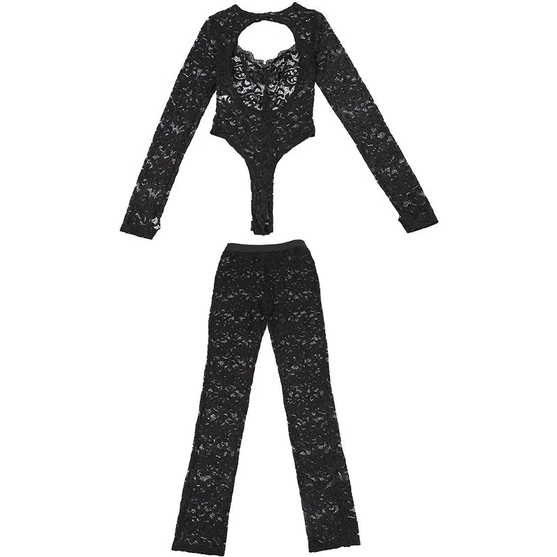 Leosoxs See Through 2 Piece Set Women Sexy  Hollow Jacquard Backless Bodysuit+Leggings Tight Activity Clubwear Skinny Outfits