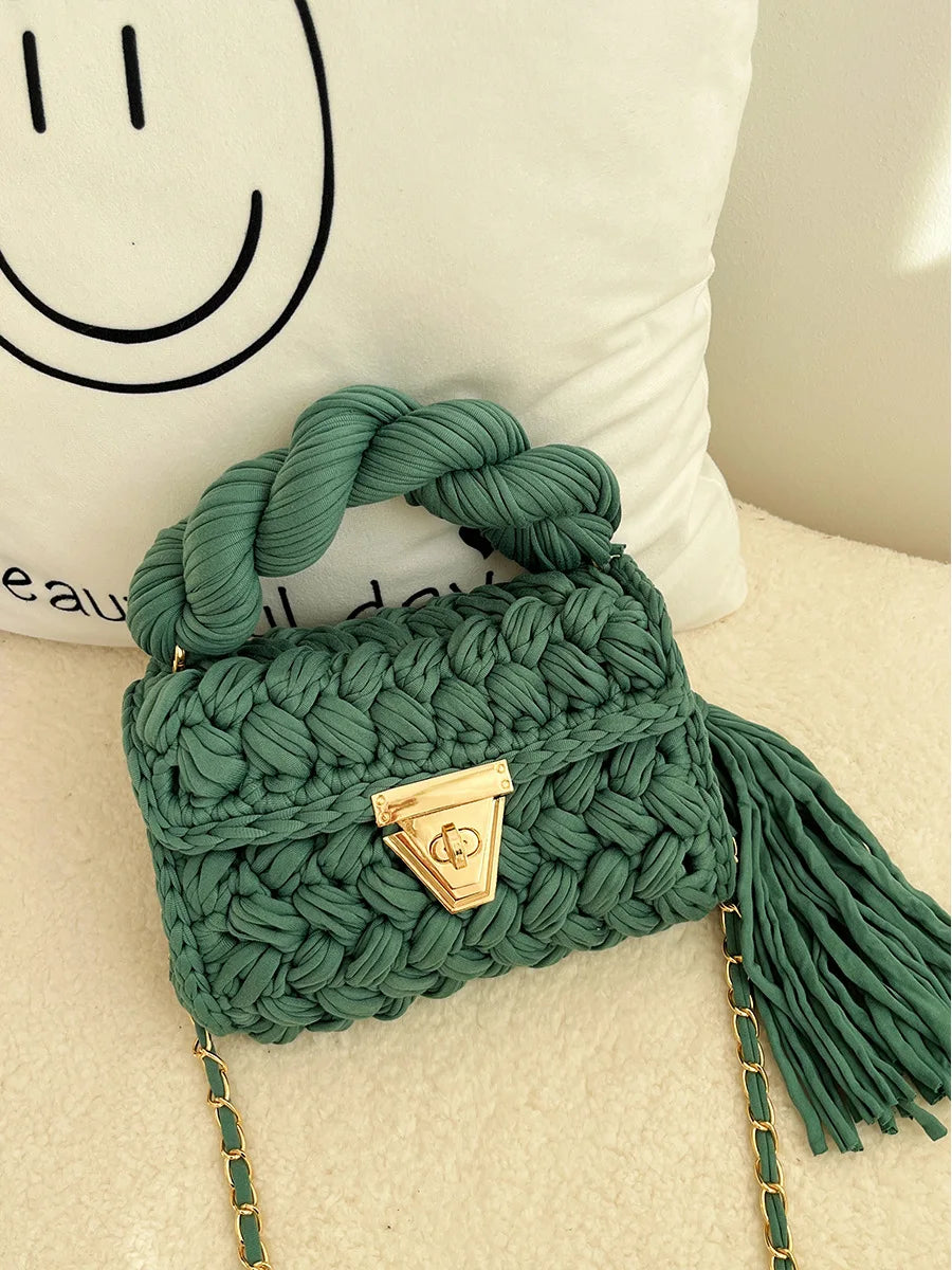 New Handmade Woven Women's Crossbody Bags Thread Hook Knitted Shoulder Bag Colorful Strip Chains Bags for Women Small Purses