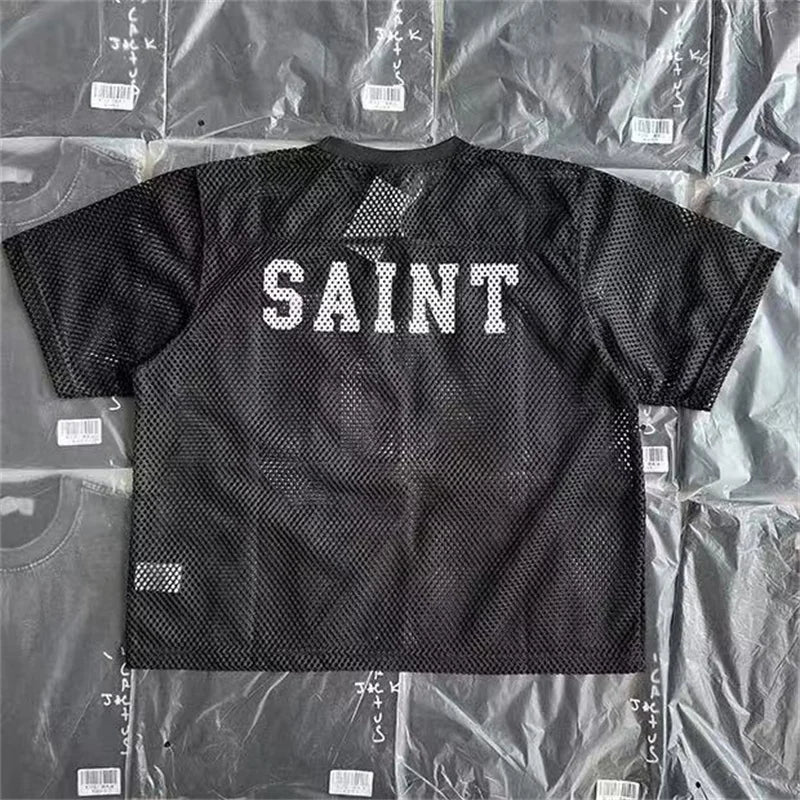 Loose Casual Men Women Mesh Breathable T Shirt Street Clothing Saint Digital Printed Short Sleeve Black Almond Blue T-Shirt