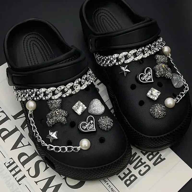 Sparkling Bear Love Rhinestone Pearl Chain Shoe Charms for Crocs Clogs Pins Decorations Slipper Accessories Garden Sandals Gift