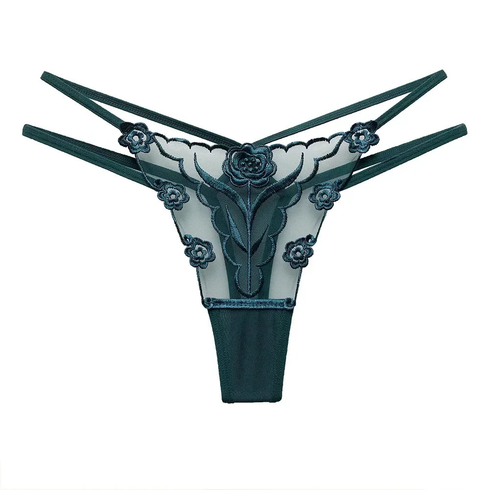 New Women Sexy Embroidered Ladies Thong Transparent Mesh Florid Strap Temptation Low Waist Panties Female Hot T Pants Large Size