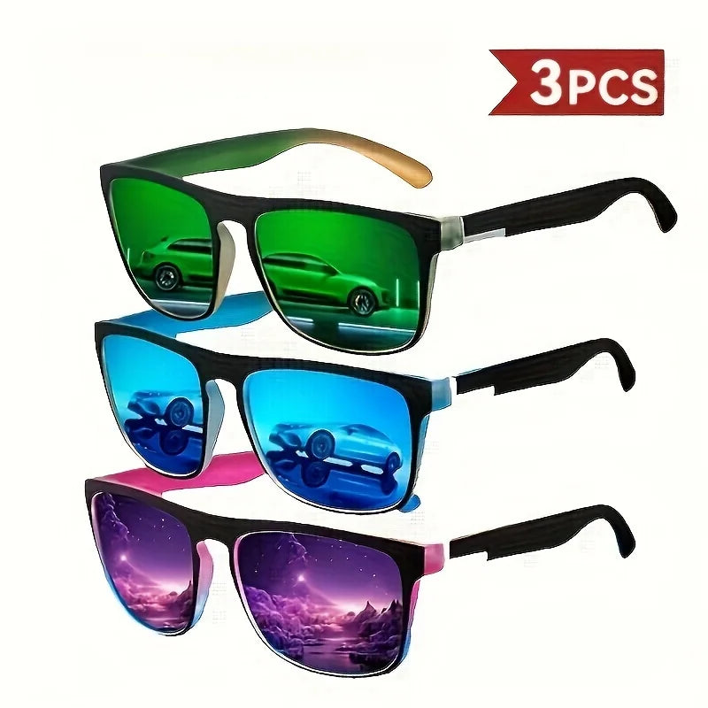 3pcs Stylish Sports Fashion Sunglasses for Cycling, Golf & Outdoor Activities - Black Frame with Blue, Purple & Pink Lenses