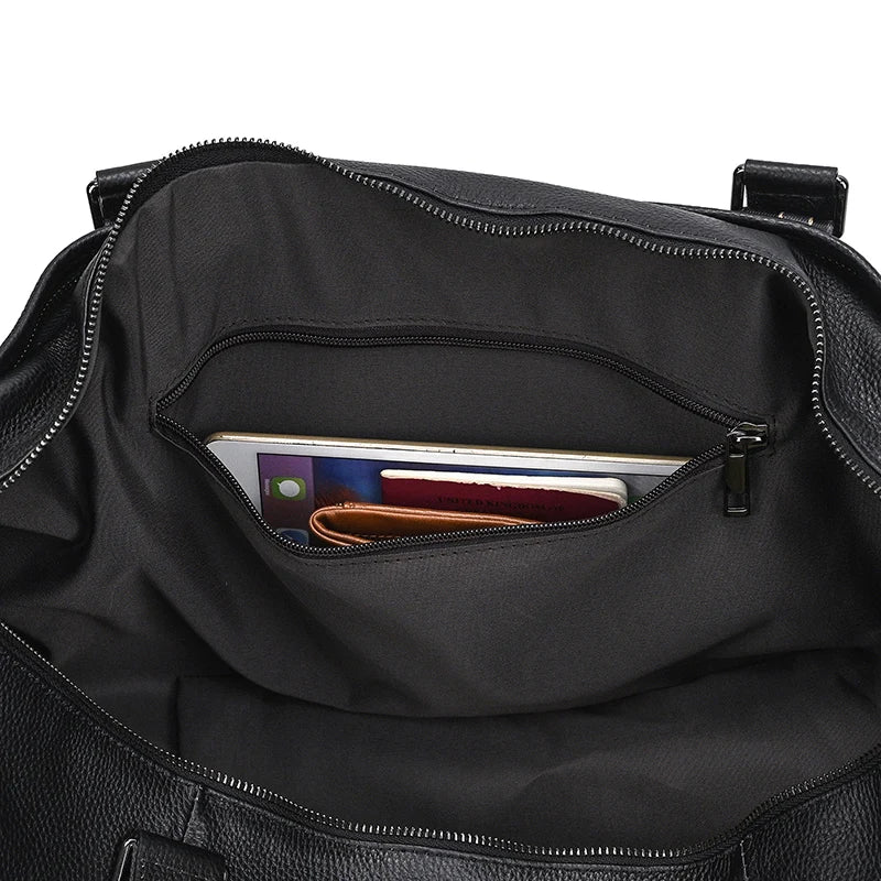 Sac de voyage en cuir véritable de grande capacité pour hommes et femmes, en cuir de vache noir souple, polochon de voyage décontracté, grand sac à bandoulière pour week-end