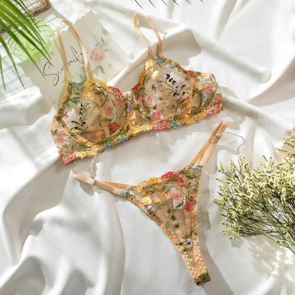 2-Piece Versatile Floral Lingerie Set Embroidery Sheer Boho Bra Panty Set Women Underwear Wireless Bra
