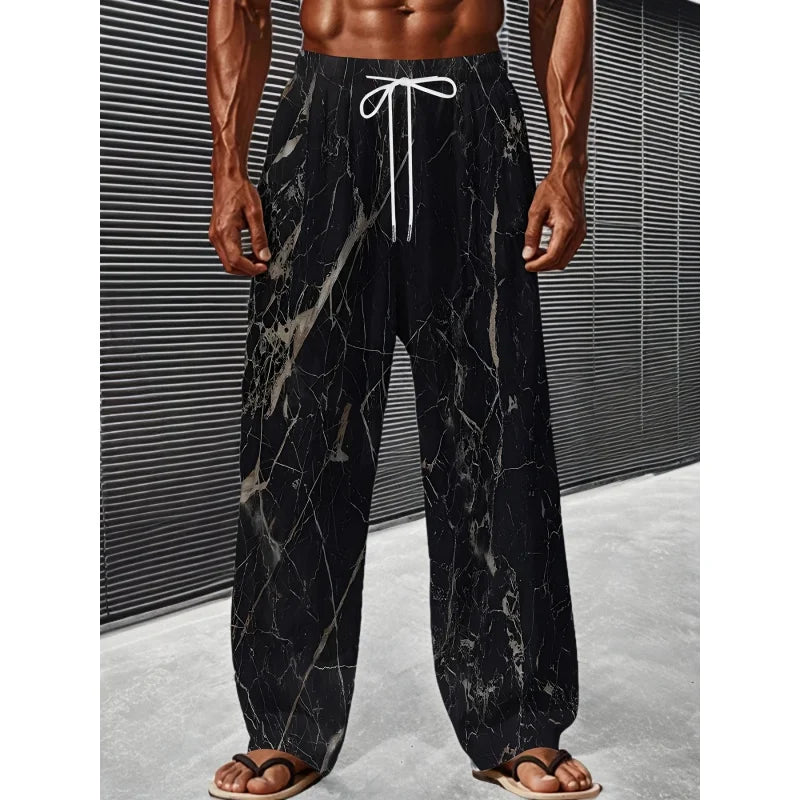 Men'S Summer Fashion Casual Pants Lightweight Comfortable Solid Color With Stylish Print Drawstring For Sports And Casual Wear