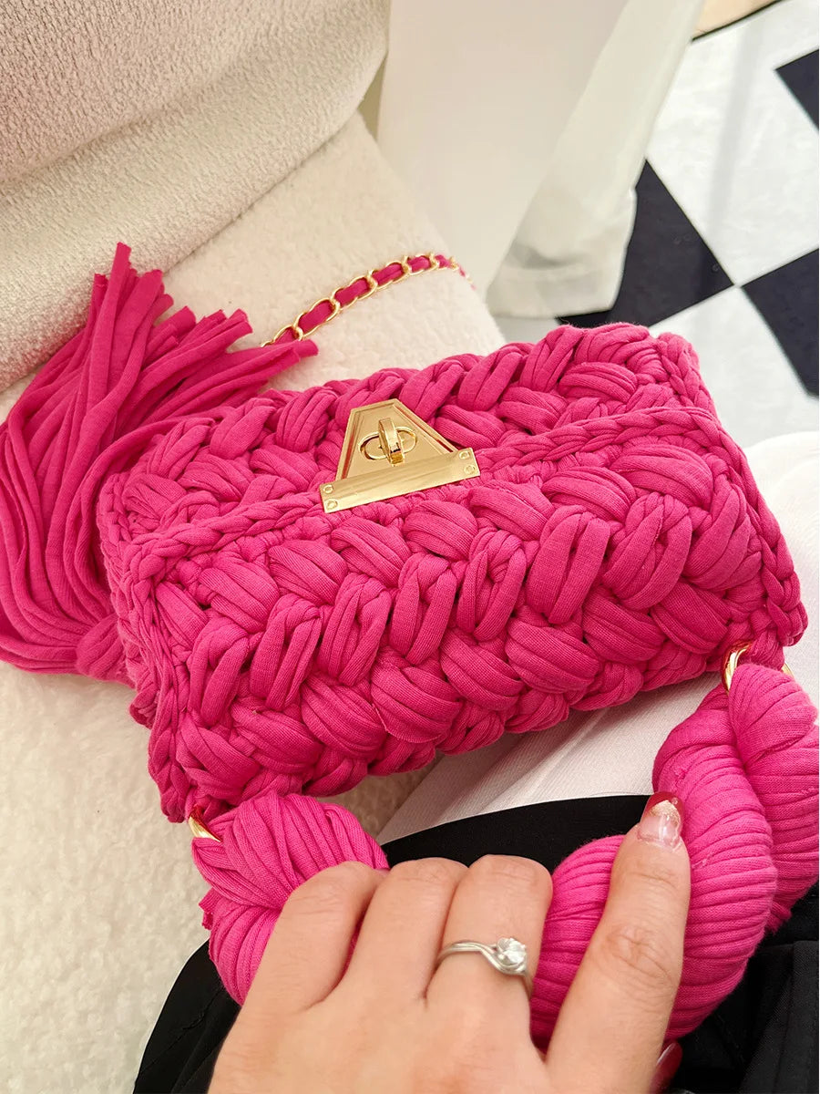 New Handmade Woven Women's Crossbody Bags Thread Hook Knitted Shoulder Bag Colorful Strip Chains Bags for Women Small Purses