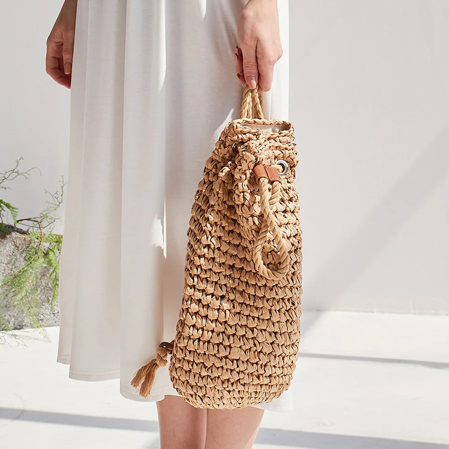 Summer Straw Backpack for Women Handmade Drawstring Beach Shoulder Bags Raffia Rattan Woven Travel Handbags bali lady backpacks